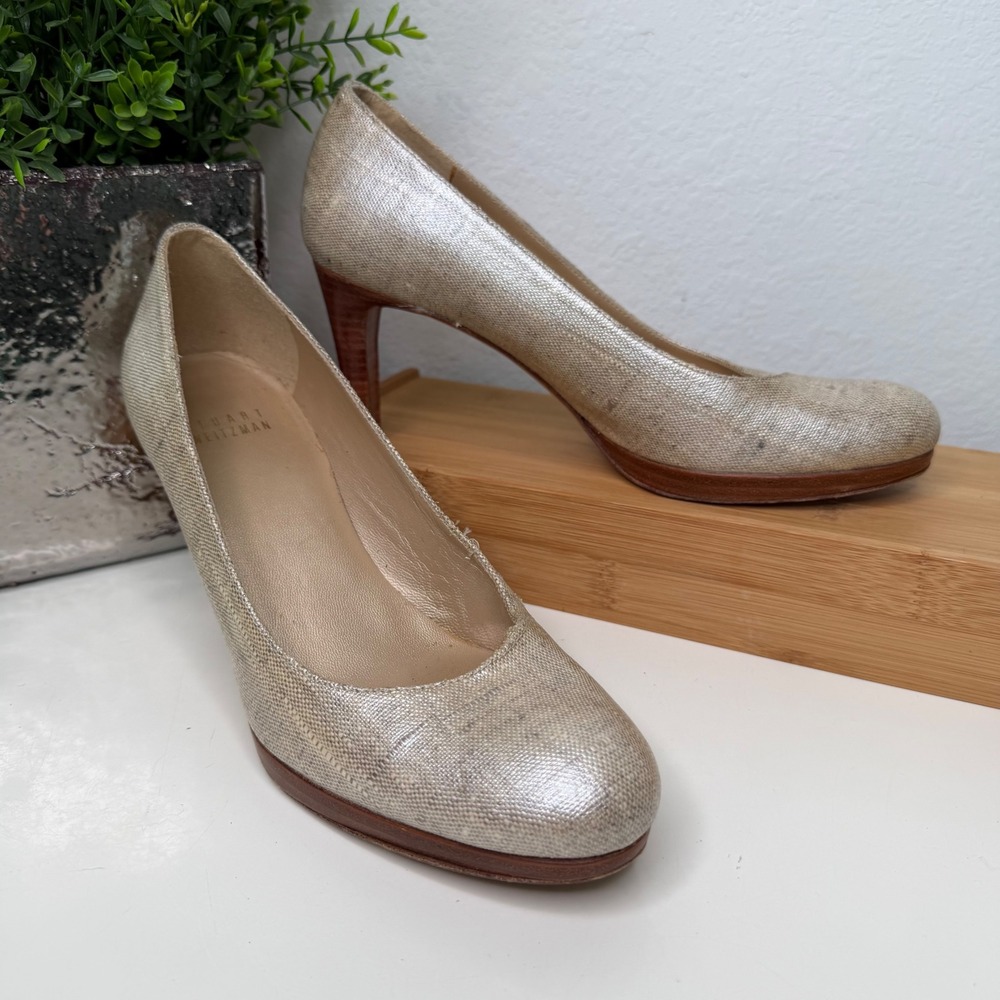 Stuart Weitzman Pumps Womens Gold Metallic Linen Stacked Heel Classic 8M
